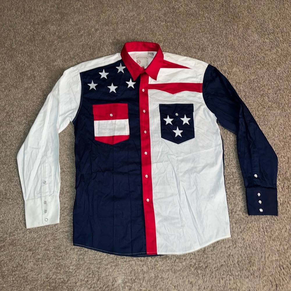 Roper Western Wear Pearl Snap Button Down Shirt Mens Medium USA FLAG Print EUC